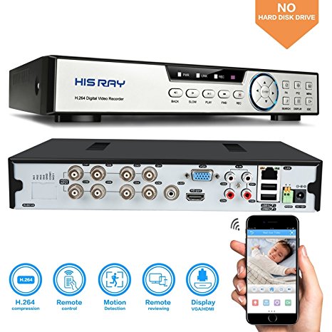 HISRAY 8CH 1080N AHD DVR 5-in-1 Hybrid (1080P NVR 1080N AHD 960H Analog TVI CVI) CCTV 8-channel HDMI QR Code Scan Easy Remote View Email Alerts Home Security Surveillance Camera System(No HDD)