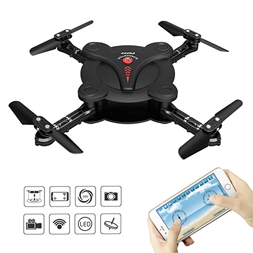 RC Quadcopter Drone with FPV Camera and Live Video - Flexiable Foldable Aerofoils - App and Wifi Control UAV - Altitude Hold 3D Flips & Rolls- 6-Axis Gyro Gravity Sensor RTF Helicopter (Black)