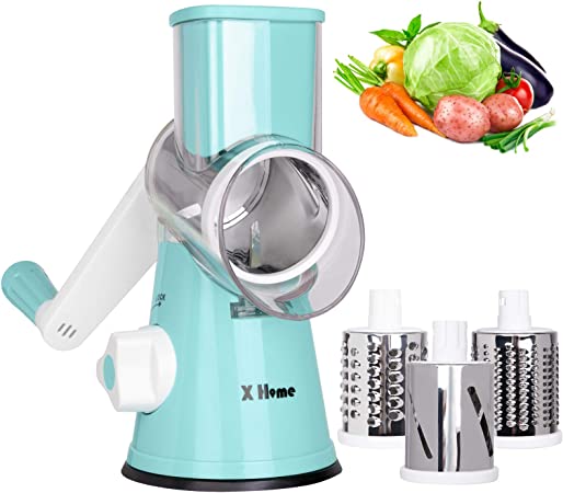 X Home Rotary Cheese Grater, Handheld Vegetables Slicer Cheese Shredder with Rubber Suction Base, 3 Stainless Drum Blades Included, Blue