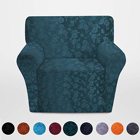 misaya Stretch Sofa Cover Soft Non-Slip Furniture Protector Velvet Embossing Flower 1-Piece Couch Slipcover for Armchair, Black Green