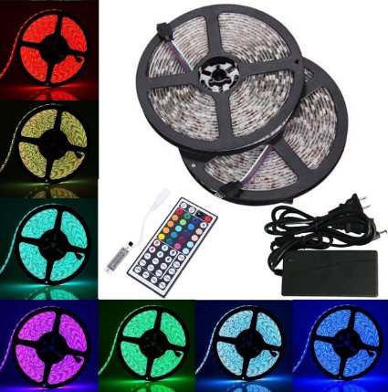 BMOUO 2 Reels 12V 32.8ft Waterproof Flexible RGB LED Strip Light Kit, Multi-colored, SMD5050 300 LEDs, LED Strip Kit & MINI 44-key IR Controller   12V 5A Power Supply, Adhesive Light Strips