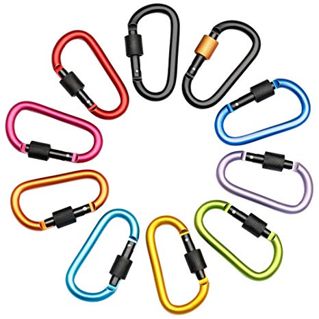 Gimars 10PCS Aluminum Alloy Locking Carabiner, Spring-Loaded D-Ring Key Chain Clip Hook, for Camping Hiking Traveling (10 Colors) (7.5CM)
