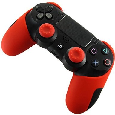 Pandaren Soft Silicone Thicker Half Skin Cover for PS4 Controller Set (Red skin X 1   Thumb Grip X 2)