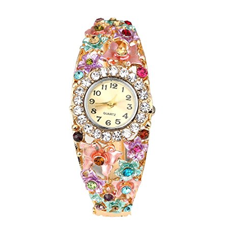 Bluelans® Women Ladies Elegant Crystal Flower Decor Bangle Bracelet Watch Dress Wristwatch (Multicolor)