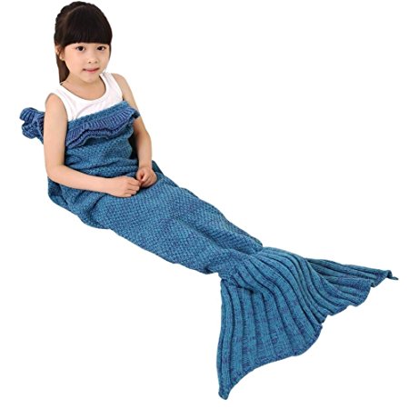 Kids Crochet Mermaid Tail Blanket, OKAYSHOP Knitting Handcraft Sleeping Bag For Girls, All Seasons Warm Sofa Living room blanket, 135cmX65cm(53"x26") (Kids Blue)