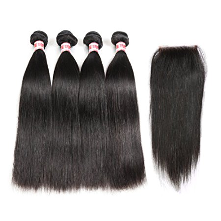 Hermosa Brazilian Straight Hair 4 Bundles with Closure 7A Unprocessed Brazilian Virgin Hair with Closure Mink Brazilian Hair with Closure Free Part 14 16 18 20 12