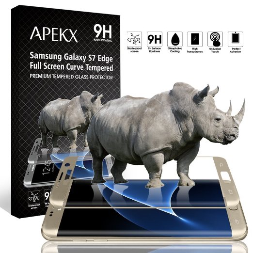 APEKX Samsung Galaxy S7 Edge Full Screen 100% Coverage Edge-to-Edge 3D Curved Tempered Glass Screen Protector HD Clarity Bubble Free Anti-Fingerpirnt Shatterproof (Gold)