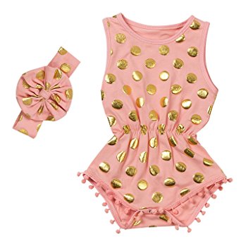 Messy Code Baby Girls Rompers Onesies Pompom Jumpsuits Sleeveless Clothing Sets with Headband