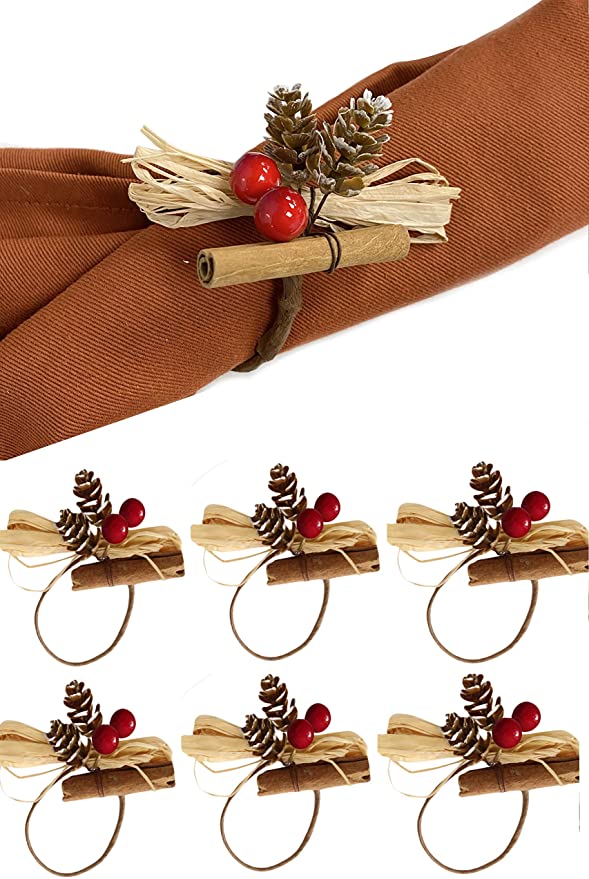 Angel Isabella Pack of 6-Quality Boxed Cinnamon Snowy Pine Cone Berry Raffia Napkin Ring Thanksgiving Christmas Dining Table Accent (Red Berry)