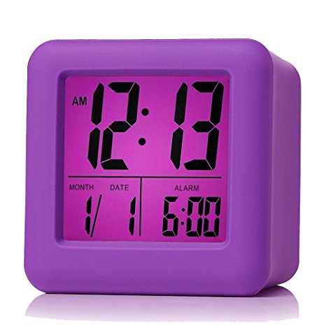 Plumeet Easy Setting Digital Travel Alarm Clock with Snooze,Soft Nightlight,Large Display Time & Month & Date & Alarm, Ascending Sound Alarm & Handheld Sized, Best Gift for Kids (Purple)