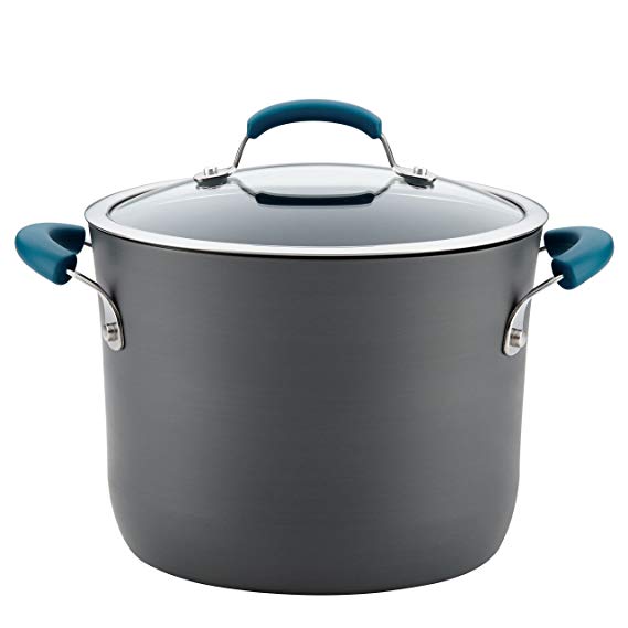 Rachael Ray Hard-Anodized Aluminum Nonstick Covered Stockpot, 8-Quart, Gray with Marine Blue Handles