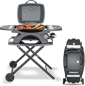 Hykolity Portable Stand-Up Propane Gas Grill, 12,000 BTU Outdoor BBQ Grill with Collapsible Cart, Camping Grill with Removable Side Tables and Built-in Thermometer for Outdoor Cooking, Tailgating