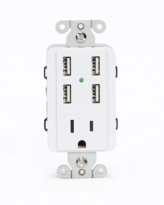 UL Listed U-Socket ACE 9106 15-Amp AC Wall Outlet/Receptacle with 4 Built-In USB Charger Ports, Tamper Resistant, White - Fast 4.2 Amps charging