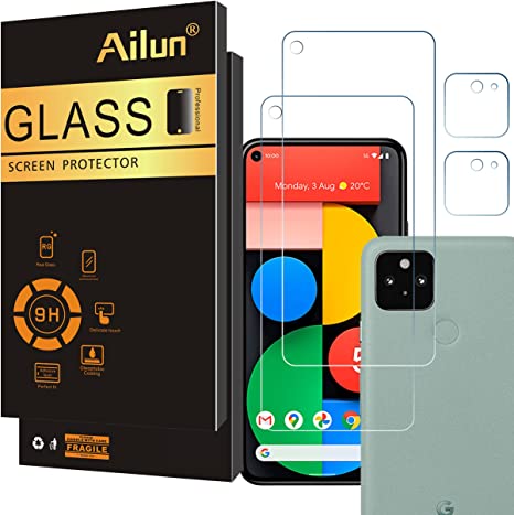 Ailun Screen Protector for Google Pixel 5A Tempered Glass 2Pack   2 Pack Camera Lens Protector Ultra Clear Anti-Scratch Case Friendly