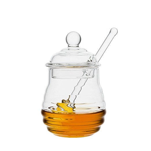 Mkono Glass Honey Jar with Dipper, Clear, 9 Ounces