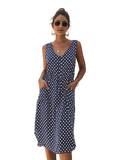 Eleter Women's Boho Polka Dot V Neck Sleeveless Side Split Button Drawstring Belt Summer Beach Dress with Pockets
