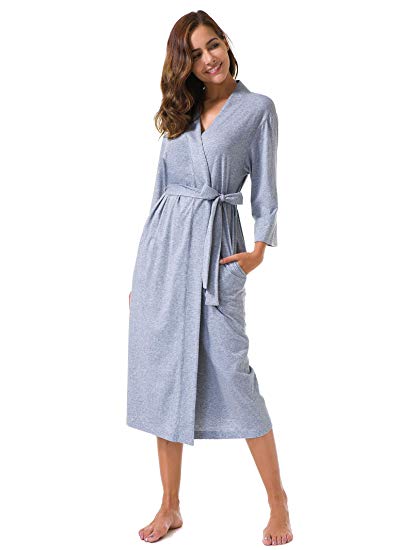 SIORO Women's Kimono Robes Cotton Lightweight Robe Long Knit Bathrobe Soft Sleepwear V-Neck Ladies Nightwear