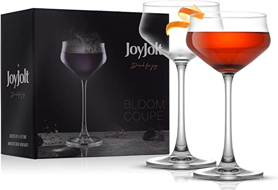 JoyJolt Bloom Coupe Crystal Glasses - Premium Coupe Cocktail Glasses Made in Europe - 9.2 oz / 275 ML Bar Glasses - Set of 2 Crystal Martini Glass for Cocktails, Summer Drinks, Champagne, Martini