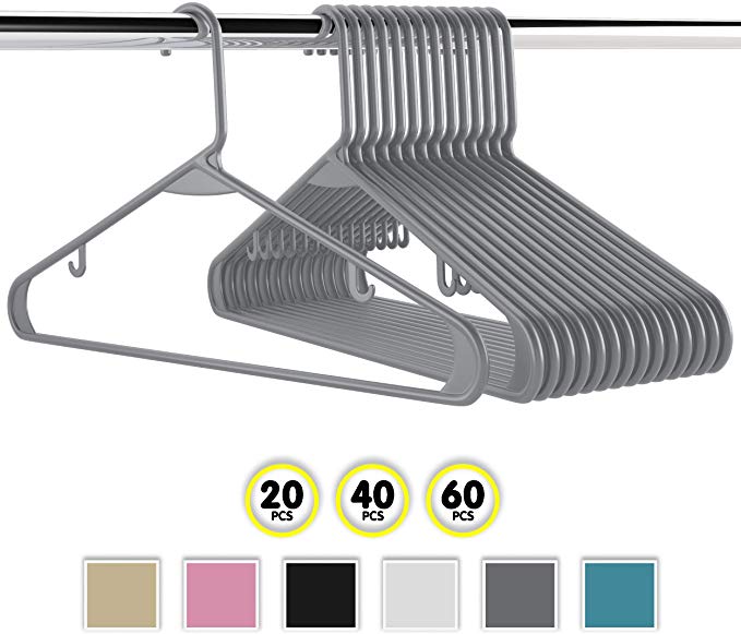 Neaterize Plastic Clothes Hangers| Heavy Duty Durable Coat and Clothes Hangers | Vibrant Colors Adult Hangers | Lightweight Space Saving Laundry Hangers | 20, 40, 60 Available (60 Pack - Grey)