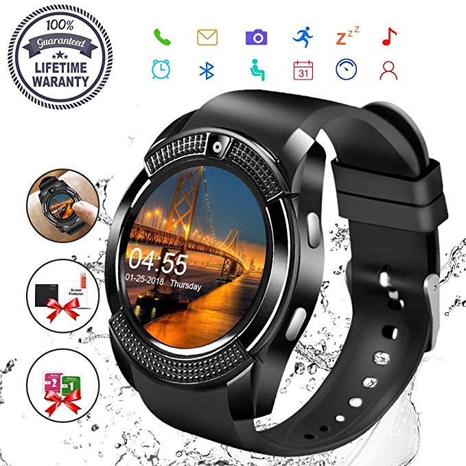 Smart Watch,Bluetooth Smartwatch Touch Screen Wrist Watch with Camera/SIM Card Slot,Waterproof Phone Smart Watch Sports Fitness Tracker Compatible Android Phone iOS Phones Black