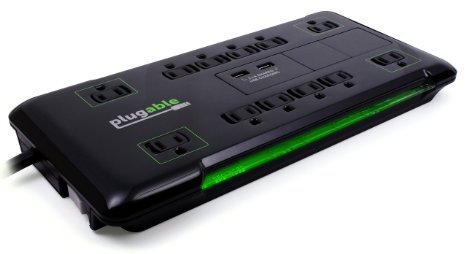 Plugable 12 AC Outlet Surge Protector with Built-In 10.5W 2-Port USB Charger for Android, Apple iOS, and Windows Mobile Devices (Black)