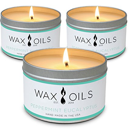 Wax and Oils Soy Wax Aromatherapy Scented Candles, Peppermint Eucalyptus, 8 oz (Pack of 3)