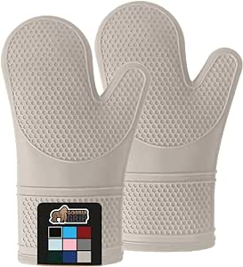 Gorilla Grip Heat Resistant Silicone Oven Mitts Set, Soft Quilted Lining, Extra Long, Waterproof Flexible Gloves for Cooking and BBQ, Kitchen Mitt Potholders, Easy Clean, Set of 2, Almond