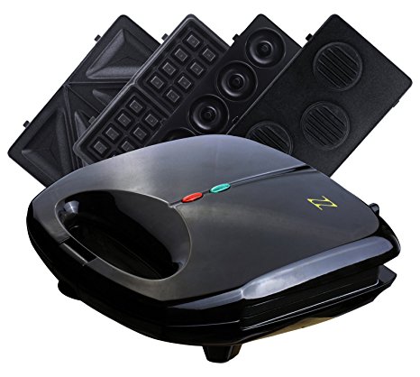 ZZ S6142A 4 in 1 Sandwich Waffle Burger and Donut Maker with 4 Sets of Detachable Non-stick Plates, Black