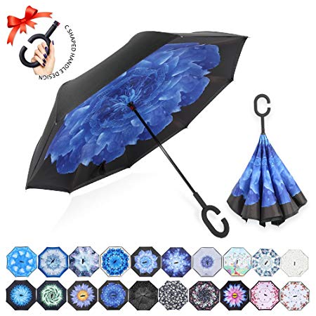 ZOMAKE Double Layer Inverted Umbrella Cars Reverse Umbrella, UV Protection Windproof Large Straight Umbrella for Car Rain Outdoor With C-Shaped Handle