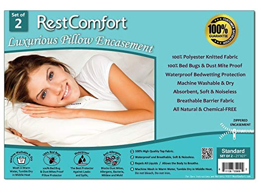 Set of 2 Bed Bug and Dust Mite Bacteria, Allergy Proof / Waterproof Pillow Protectors - Hypoallergenic Breathable and Quite - Zippered Pillow Encasement, RestComfort - Standard 21"x27"
