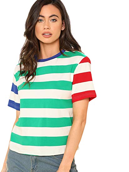 ROMWE Women Crewneck Striped Short Sleeve T-shirt Top Blouse