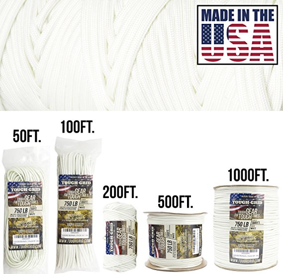 TOUGH-GRID 750lb Paracord/Parachute Cord - Genuine Mil Spec Type IV 750lb Paracord Used by the US Military (MIl-C-5040-H) - 100% Nylon - Made In The USA.