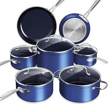 Nuwave Healthy Duralon Blue Ceramic Nonstick Coated Cookware Set, Diamond Infused Scratch-Resistant, PTFE & PFOA Free, Oven Safe, Induction Ready & Evenly Heats, Tempered Glass Lids & Stay-Cool Handle