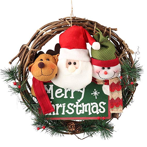 D-FantiX 14 inch Merry Christmas Wreath Decor, Small Grapevine Wreath Front Door Wreaths ( Reindeer Snowman Santa Claus)