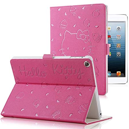 iPad 9.7 2018/2017 Case,Cartoon Hello kitty Pattern Magnetic Folio Smart Cover with Auto Sleep/Wake & Stand, Hard PC Tablet Protective Back Cover for iPad Air 1 2 iPad 5th 6th Generation(Rose Red)