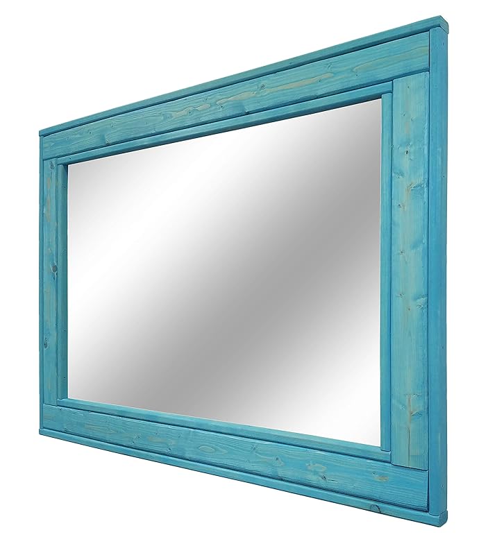 Herringbone Reclaimed Wood Framed Mirror, Available in 4 Sizes and 12 Colored Stains: Shown in Vintage Aqua Teal - Framed Mirror Wall Decor, Mirror for Living Room, Home Decor Mirror
