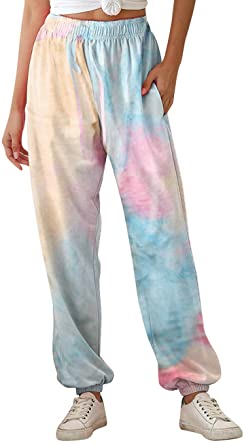 iChunhua Womens Tie Dye Sweatpants High Waist Casual Cuffed Jogger Pants with 2 Pockets
