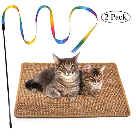 TESLUCK Cat Scratching Mat, Natural Sisal Fabric Cat Scratcher Mat with Rainbow Charmer Wand Toy, Anti-Slip Scratch Sleeping Pad for Cat Grinding & Protecting Furniture and Carpet, 15.7x11.8inch