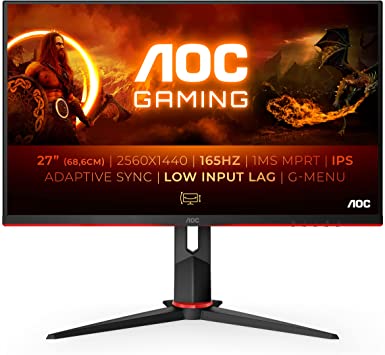 AOC Gaming Q27G2S - 27 Inch QHD Monitor, 165Hz, 1ms, IPS, FreeSync, Gsync Compatible, Height Adjust, Game Modes (2560x1440 @ 165Hz, 370 cd/m², HDMI 2.0 x 2, DisplayPort 1.4x1)