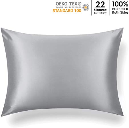 Tafts 22 Momme 100% Pure Mulberry Silk Pillowcase for Hair and Skin, Hypoallergenic, Both Sides Grade 6A Long Fiber Natural Silk Pillow Case, Concealed Zipper, King 20x36 inch, Silver Grey