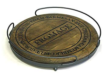 19" Round Fromage Antique Style Artisan Wood Platform Cheese Cutting/Serving Board Tray with Metal Railing Handles & Legs