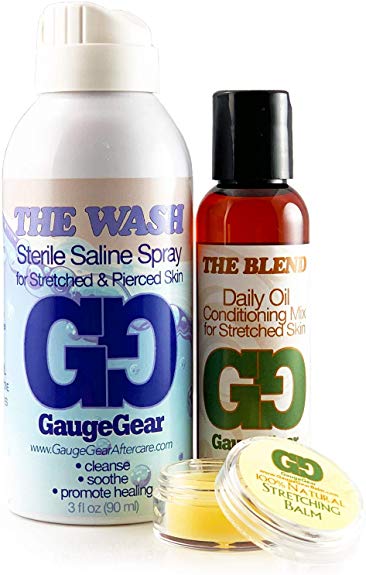 Gauge Gear Premium Stretched Ear Care Kit Piercing Aftercare and Stretched Ear Care Stretching Balm, Oil