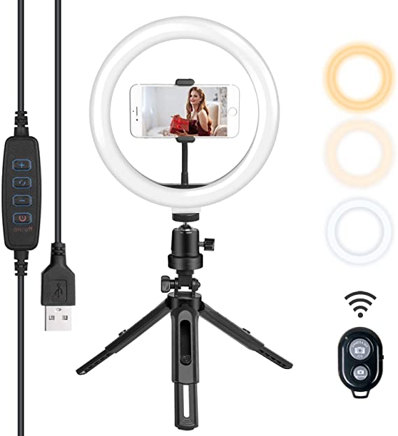 Vicloon 10" Led Ring Light with Tripod Stand, Phone Holder and Bluetooth Remote, Dimmable Ring Light Kit, USB Powered, 3 Color Modes & 10 Brightness for Youtube Video Makeup Photography Live Stream