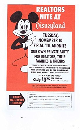 Disneyland Walt Disney Realtors Nite Paper Mail in Coupon Flyer/Paperwork 1964