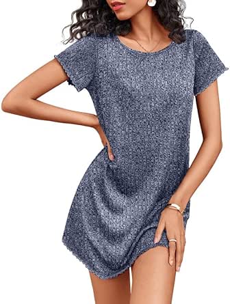 Ekouaer Women's Nightgown Short Sleeve Sleepshirt Rib Knit Soft Sleepwear Pajama Dress