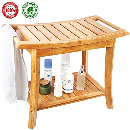 Shower Bench, Spa Seat With 2-Tire Storage Racks Shelf, Durable and Stable Indoor &Outdoor Bench with 100% Bamboo, Nice Curving Bench- by Ecobambu