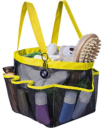 Attmu Portable Shower Caddy with 8 Mesh Storage Pockets, Quick Dry Shower Tote Bag Oxford Hanging Toiletry and Bath Organizer for Shampoo, Conditioner, Soap and Other Bathroom Accessories, Yellow