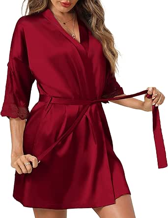 Ekouaer Women's Satin Robes Sexy Lace Cami Nightwear Silk Bridesmaid Lingerie Kimono 3/4 Sleeve Sleepwear