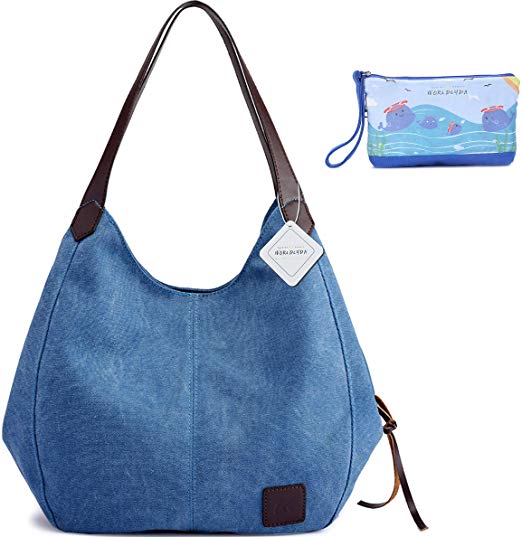 WORLDLYDA Women Canvas Hobo Purse Multi Pocket Tote Shopper Shoulder Bag Casual Top Handle Handbag