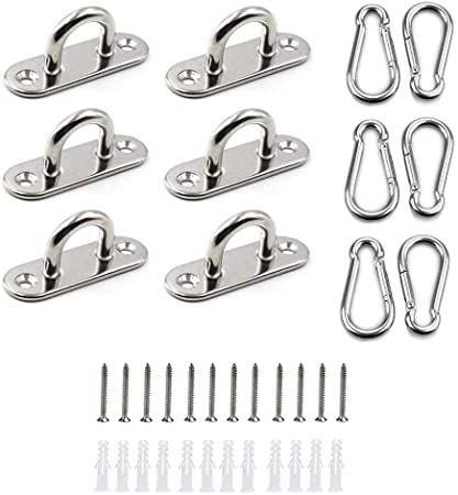 HOMPER 6Pcs M5 304 Stainless Steel Oblong Pad Eye Plate and 6Pcs Carabiner Clips, Marine Hardware Staple Hook Loop With 12 Screws and Plastic Plugs